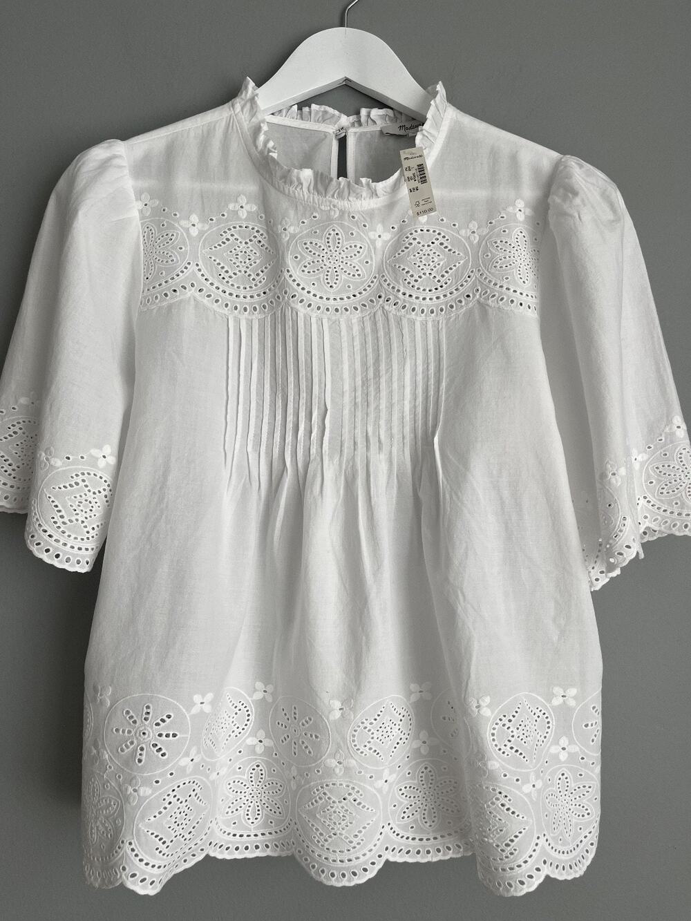 Madewell NWT $110 Women's Eyelet Pintuck High Neck Top White S Cottage Boho NZ46